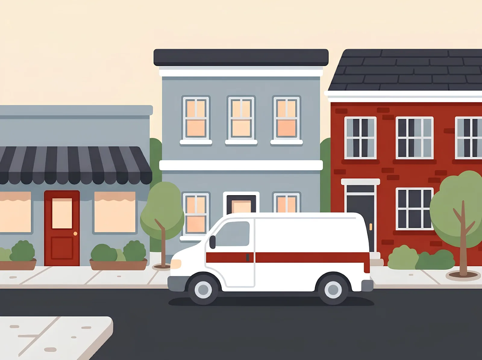 Illustration of the Mission van parked on a street of shops