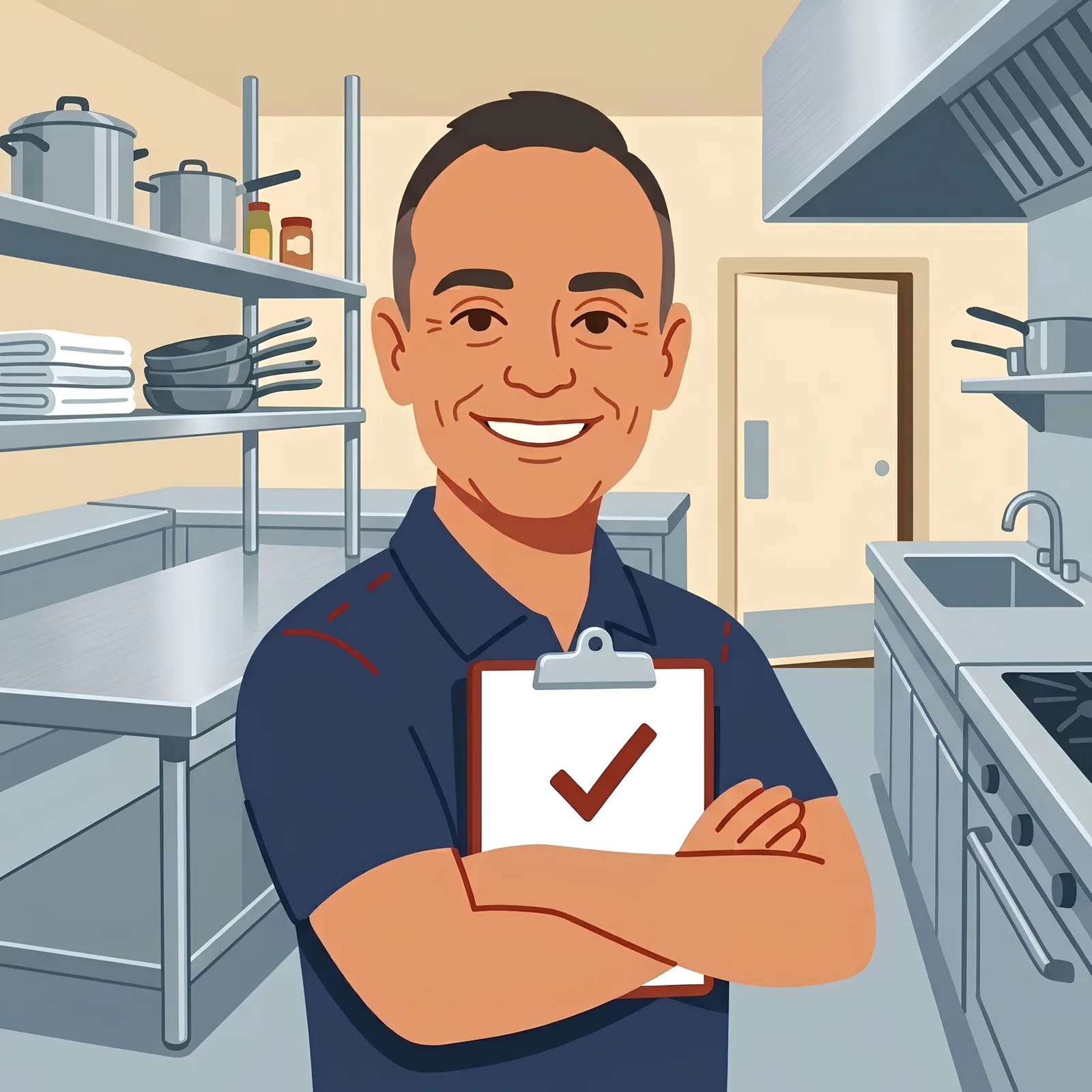 Illustration of Frank with a checked clipboard in a commercial kitchen