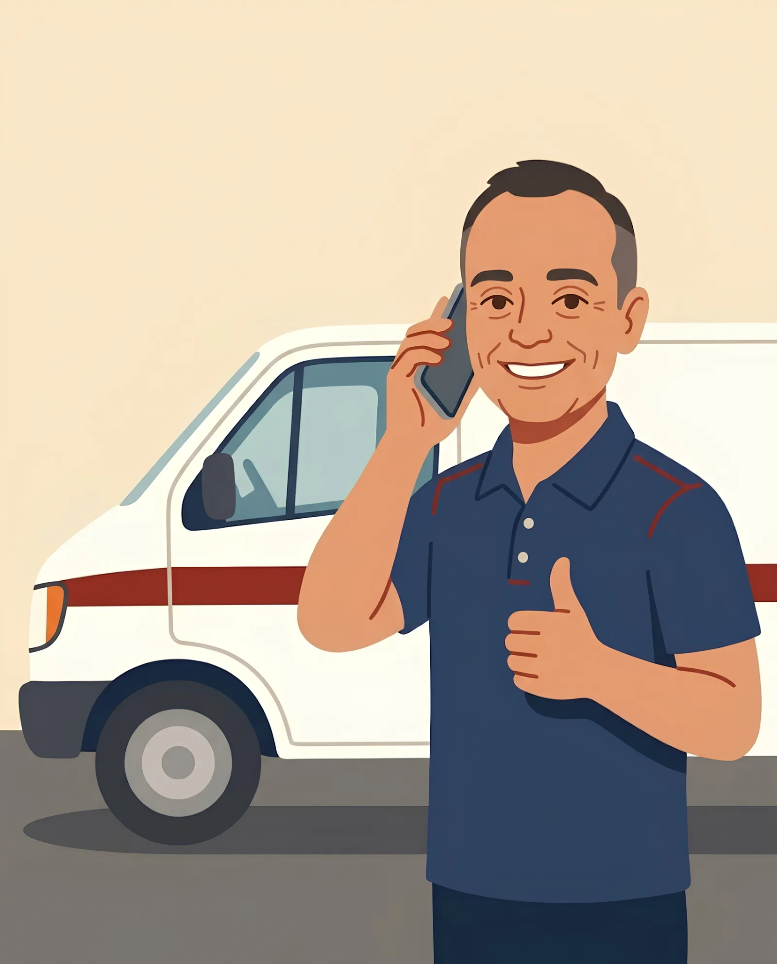 Illustration of Frank on the phone giving a thumbs up beside the Mission van