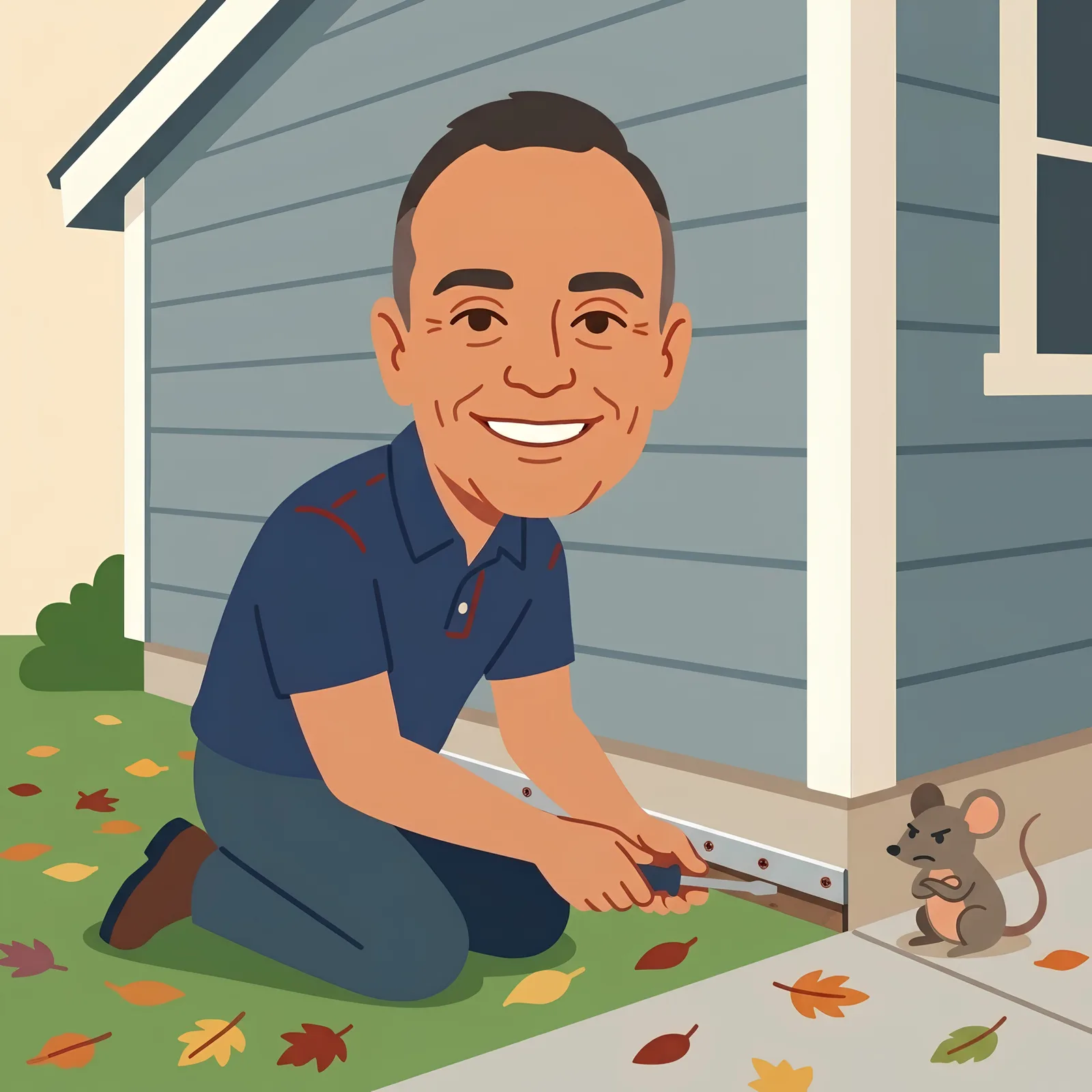 Illustration of a grumpy mouse locked out by a sealed gap along a house foundation