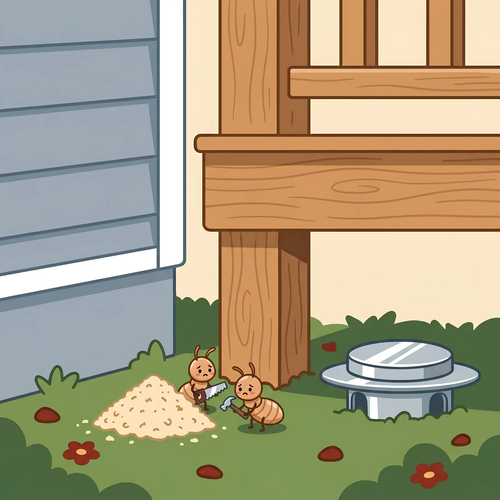 Illustration of termites beside a pile of sawdust at the base of a wooden deck, with a bait station in the grass